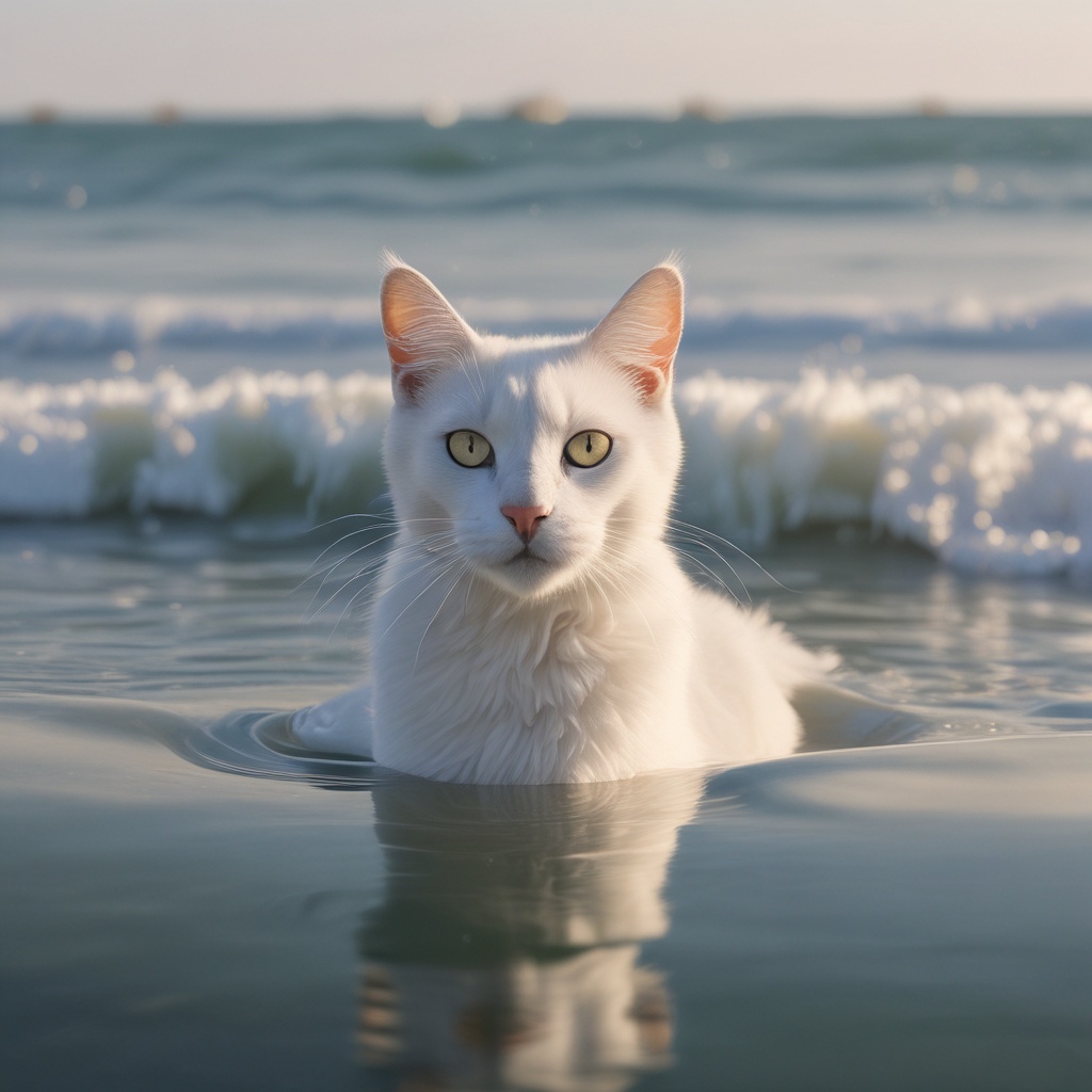 A white cat in the sea thinking about 
